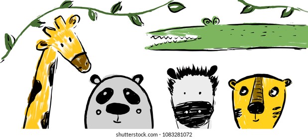 Hand drawn safari animals: panda, tiger,crocodile, zebra, giraffe. Can be used for child poster, book, card, t-shirt. 