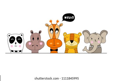 Hand drawn safari animals: panda, tiger, elephant, 
hippo, giraffe. Can be used for child poster, book, card, t-shirt.