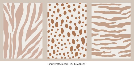 A hand drawn safari set. Animal print. Children's vector style. Brown and yellow stripes on a white background. Cute simple design. Modern boho. Zebra, leopard, tiger