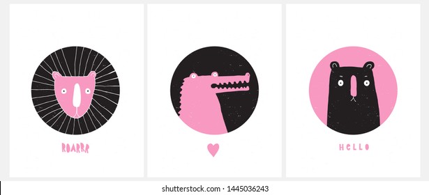 Hand Drawn Safari Vector Illustrations  Baby Girl. Simple Cute Prints with Lovely Pink Leo, Scary Pink Alligator and Funny Black Bear.Safari Art for Card, Wall Art, Poster, Party Decoration, Printing.