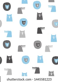 Hand Drawn Safari Vector Pattern for Baby Boy. Simple Cute Prints with Lovely Leo, Scary Alligator and Funny Bear. Safari Infantile Style Art for Card, Wall Art, Poster, Party Decoration, Printing.