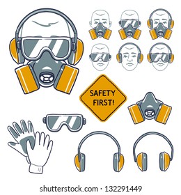 signos de seguridad dibujados a mano. Protección de los ojos, protección de los oídos, protección respiratoria y protección de las manos. primer signo de seguridad