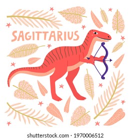 Hand drawn Sagittarius dinosaur zodiac sign isolated on white background. Cartoon jurassic reptile with bow and arrow. Childish animal, horoscope funny vector illustration. Modern kids t shirt print