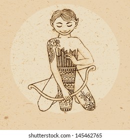 Hand drawn sagittarius ornament with elements in the ethnic style. Zodiac sign - Sagittarius. Vector illustration.