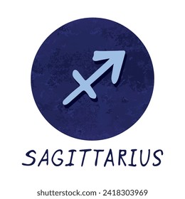 Hand drawn sagittarius zodiac sign in blue round frame Astrology doodle clipart Element for design