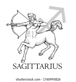 Hand drawn Sagittarius. Zodiac symbol in vintage gravure or sketch style. Mythical centaur warrior getting ready to shoot a bow. Retro astrology constellation illustration isolated on white.