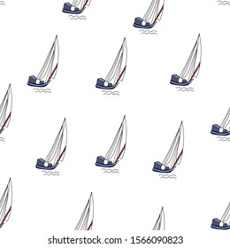 hand drawn sail boat seamless pattern on white background