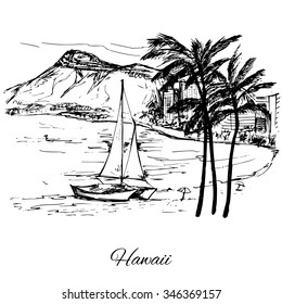 Hand drawn sail near the island Hawaii