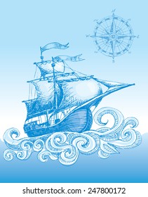 Hand drawn sailboat and compass. Eps8. CMYK. Organized by layers. Global colors. Gradients used.