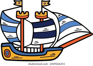 Hand Drawn Sailboat or fishing boat in flat style isolated on background