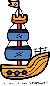 Hand Drawn Sailboat or fishing boat in flat style isolated on background
