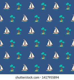 Hand drawn sailboat and palm tree on the island in doodle style on blue background. Vector seamless pattern