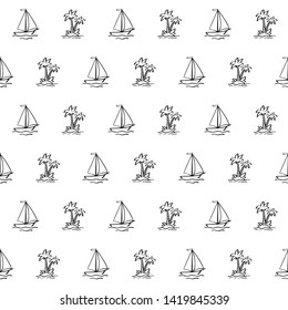 Hand drawn sailboat and palm tree on the island in doodle style on white background. Vector seamless pattern
