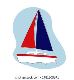 Hand drawn sailboat in the waves. Colorful  illustration of a yacht at sea.