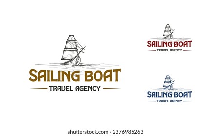 Hand Drawn Sailing Boat logo template vector, Travel Agency logo design vector template,