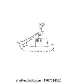 Barco de vela dibujado a mano sobre las olas. Barco Doodle. Dibujando niños. Ilustración vectorial aislada en estilo doodle sobre fondo blanco.