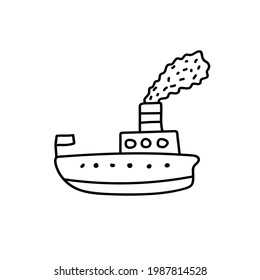 Hand drawn sailing ship on the waves. Doodle boat. Children drawing. Isolated vector illustration in doodle style on white background.
