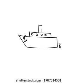 Hand drawn sailing ship on the waves. Doodle boat. Children drawing. Isolated vector illustration in doodle style on white background.