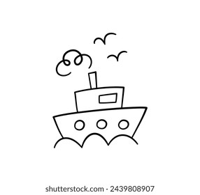 Hand drawn sailing ship on the waves. Doodle boat. Children drawing. Sketch sea ship. Vector illustration isolated in doodle style on white background.