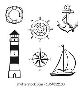 Hand drawn sailing symbols. Nautical theme. Concept elements. Vector illustration in hand drawn style.