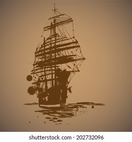 Hand drawn sailing vessel. Vector illustration.