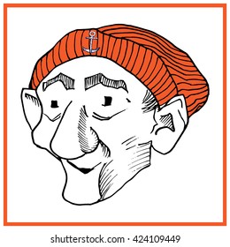 Hand Drawn Sailor. Hand drawn old man. Sea dog. Seaman. Doodle style. Cartoon style drawn retired man. 