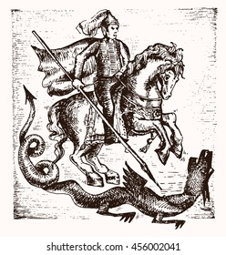 Hand drawn Saint Georgi. Vector illustration. warrior knight on horse slaying the dragon with a spear