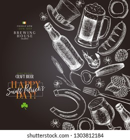 Hand drawn Saint Patrick day pub poster. Beer and snacks. Vector glass, bottle, opener, horseshoe, barley, hop, food, hat. Bar alcohol beverages. Craft brewery Discount banner flyer poster.