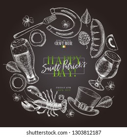 Hand drawn Saint Patrick day pub poster. Beer and snacks. Vector glass, bottle, opener, horseshoe, barley, hop, food, hat. Bar alcohol beverages. Craft brewery Discount banner flyer poster.