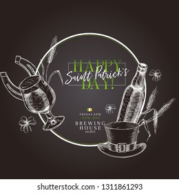 Hand drawn Saint Patrick day pub poster. Beer and snacks. Vector glass, bottle, opener, horseshoe, barley, hop, food, hat. Bar alcohol beverages. Craft brewery Discount banner flyer poster.