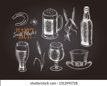 Hand drawn Saint Patrick day pub poster. Beer and snacks. Vector glass, bottle, opener, horseshoe, barley, hop, food, hat. Bar alcohol beverages. Craft brewery Discount banner flyer poster.