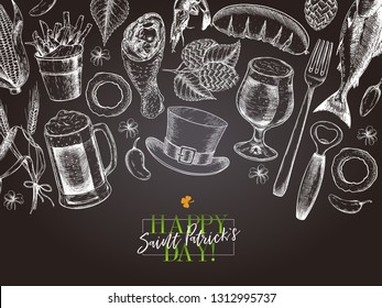 Hand drawn Saint Patrick day pub poster. Beer and snacks. Vector glass, bottle, opener, horseshoe, barley, hop, food, hat. Bar alcohol beverages. Craft brewery Discount banner flyer poster.