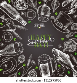 Hand drawn Saint Patrick day pub poster. Beer and snacks. Vector glass, bottle, opener, horseshoe, barley, hop, food, hat. Bar alcohol beverages. Craft brewery Discount banner flyer poster.