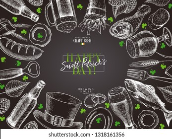 Hand drawn Saint Patrick day pub poster. Beer and snacks. Vector glass, bottle, opener, horseshoe, barley, hop, food, hat. Bar alcohol beverages. Craft brewery Discount banner flyer poster.