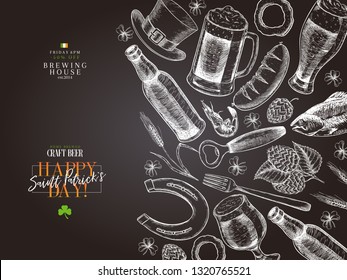 Hand drawn Saint Patrick day pub poster. Beer and snacks. Vector glass, bottle, opener, horseshoe, barley, hop, food, hat. Bar alcohol beverages. Craft brewery Discount banner flyer poster.