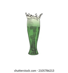Hand Drawn Saint Patricks Day Color Vector Illustration. Glass full of Beer Abstract Sketch. Irish Holiday Engraving Style Drawing. Isolated