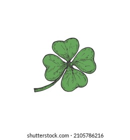 Hand Drawn Saint Patricks Day Color Vector Illustration. Green Shamrock or Clover Leaf Abstract Sketch. Irish Holiday Engraving Style Drawing. Isolated