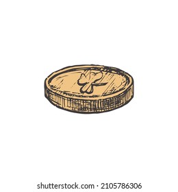 Hand Drawn Saint Patricks Day Color Vector Illustration. Golden Coin Abstract Sketch. Irish Holiday Engraving Style Drawing. Isolated