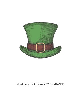 Hand Drawn Saint Patricks Day Color Vector Illustration. Leprechaun Hat Abstract Sketch. Irish Holiday Engraving Style Drawing. Isolated