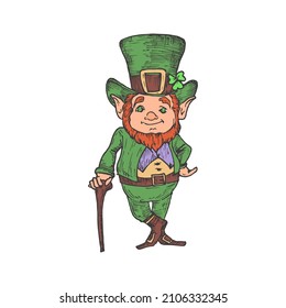 Hand Drawn Saint Patricks Day Color Vector Illustration. Leprechaun in a Hat Abstract Sketch. Irish Holiday Engraving Style Drawing. Isolated