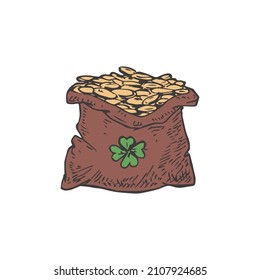 Hand Drawn Saint Patricks Day Color Vector Illustration. Leprechaun Bag Full of Coins Abstract Sketch. Irish Holiday Engraving Style Drawing Isolated