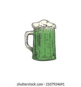 Ilustración del vector de color del día del patrón de la mano dibujado en la puerta. Mug llena de un bosquejo de resumen de cerveza. Dibujo de estilo de grabado de vacaciones irlandesas. Aislado