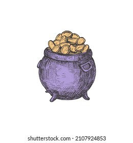 Ilustración del vector de color del día del patrón de la mano dibujado en la puerta. Pota de Leprechaun llena de Bodega Resumen de Monedas de Oro. Dibujo de estilo de grabado de vacaciones irlandesas aislado