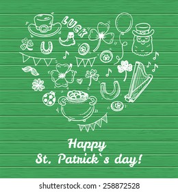 Hand drawn Saint Patrick`s day greeting card with hand drawn doodle elements.