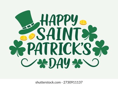 Tipografia desenhada à mão do Dia de São Patrícios com trevos verdes, chapéu de leprechaun e moedas de ouro. Ilustração festiva bonito para saudação de férias e design de celebração.
