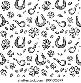 hand drawn saint patricks seamless pattern with design elements on white backgroand. Irish pattern with clover, gold, smoking pipe and horseshshoe. Vector line illustration collection.