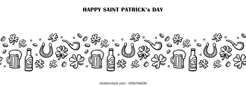 hand drawn saint patricks seamless border with black line elements on white backgroand. Irish border with clover, gold, smoking pipe and horseshshoe. Vector line illustration.