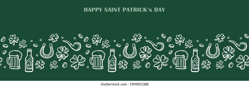 hand drawn saint patricks seamless border with white line elements on green backgroand. Irish border with clover, gold, smoking pipe and horseshshoe. Vector line illustration.