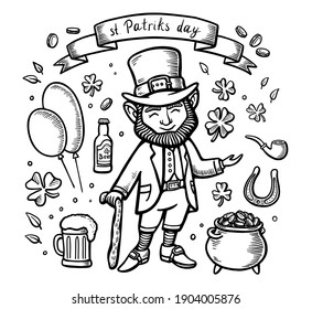 conjunto de elementos de diseño con patricks de santo dibujado a mano. Colección de ilustraciones de línea de vector. irlandés   conjunto con trébol, leprechaun, cinta, cerveza, caldero con oro, pipa para fumar, globos y herradura