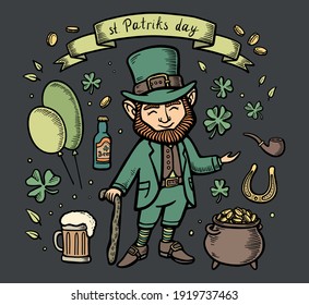 hand drawn saint patricks set of colorful design elements. Vector line illustration. Irish set with clover, leprechaun, ribbon, beer, cauldron with gold, smoking pipe, balloons and horseshshoe